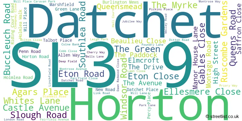 A word cloud for the SL3 9 postcode